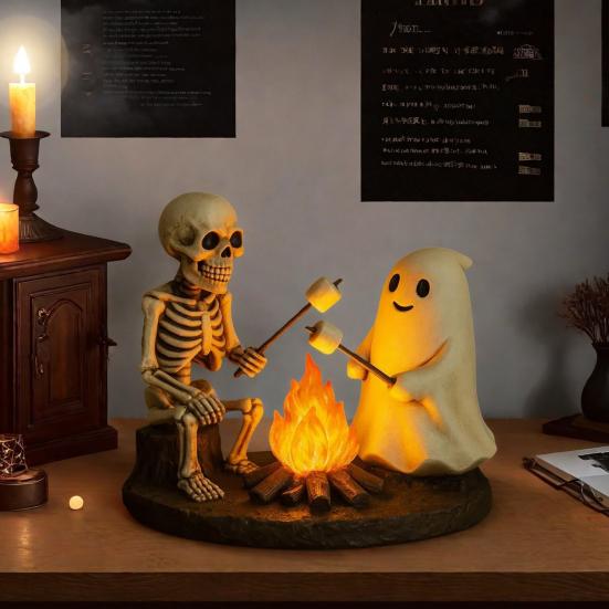 Yousheng Skeleton Ghost Bonfire Night Lamp Halloween Roasting Marshmallow Ghost Statue Fake Campfire Lamp Home Bedroom Decoration