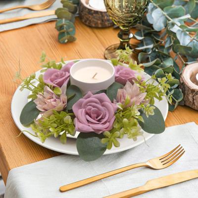 Menorah Garland Candle Rings Silk Flower Wreath Garland for Wedding Lifelike Pillar Candle Holder Home Door Tabletop Decor