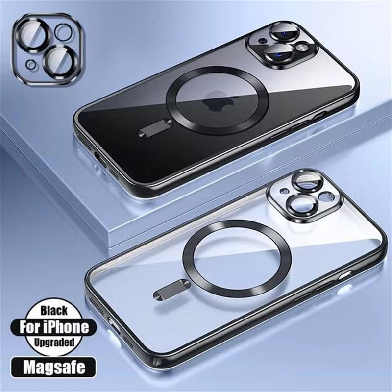 Luxusní pokovovací silikonový TPU průhledný kryt pro iPhone 16 15 14 13 12 11 Pro Max Plus Magsafe Magnetic Lens Film Protect Cover