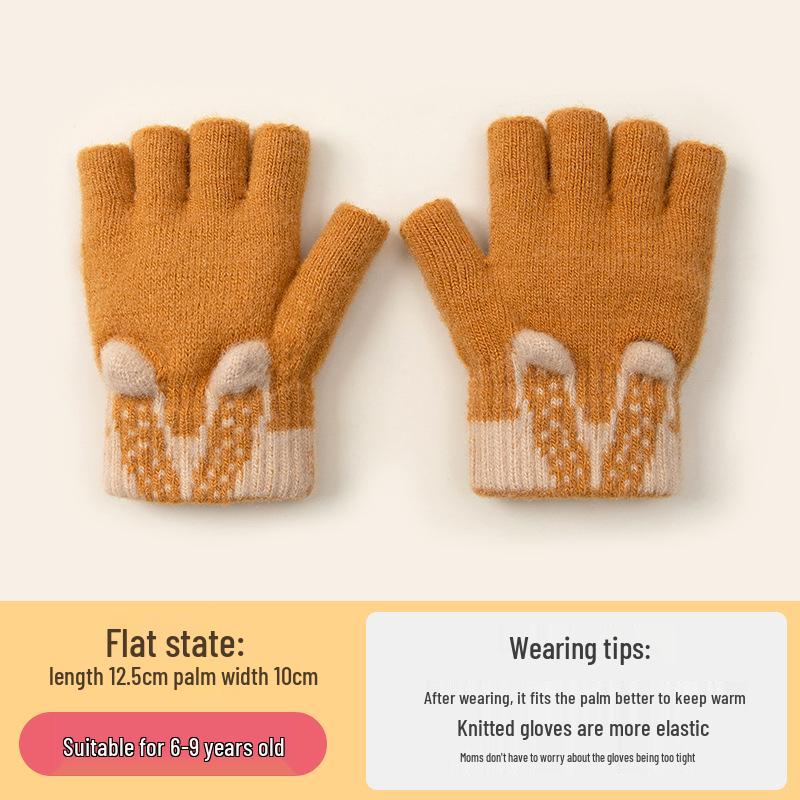 Kids' Cute Flip-Top Fingerless Fox Gloves - Warm Cartoon Design for Autumn and Winter
