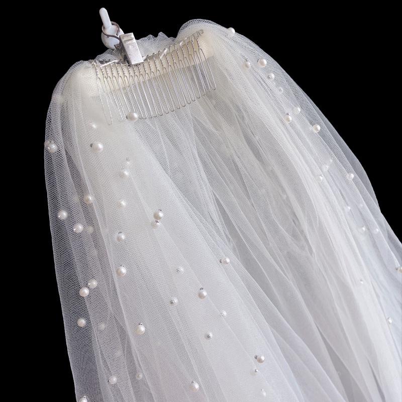 2022 French Style White Beaded Bridal Veil & Mid-Length Wedding Dress