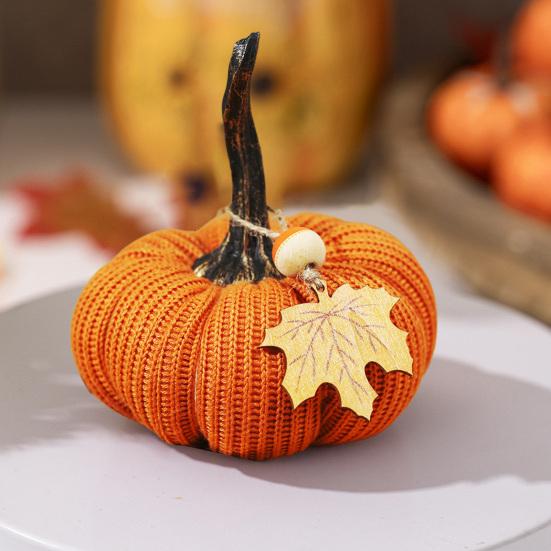 Mini Strikkede Gresskar Skrivebordspynt Høststoff Kunstige Gresskar Håndverk for Høst Takkefest Innhøstingsfestival Halloween Hjemmedekor