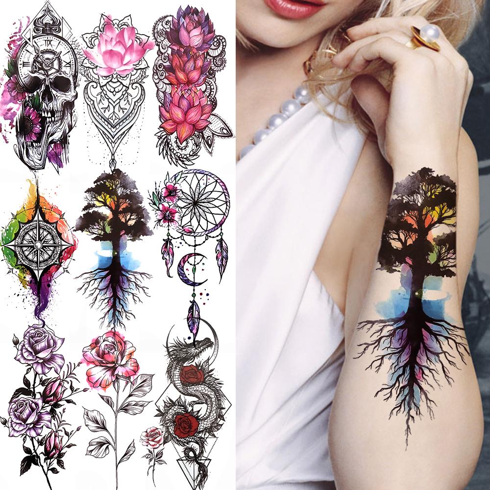 Tatuaggio temporaneo ad acquerello con albero della vita per donne, acchiappasogni, drago, foresta, peonia, adesivo per tatuaggio, finto pizzo, bussola, piuma.