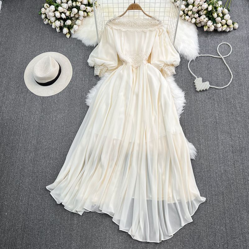 

Off-the-Shoulder Lantern Sleeve A- line Asymmetrical Elegance Dress Apricot All yards