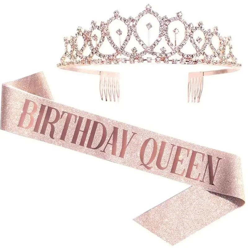 Birthday Queen Sash & Rhinestone Tiara Set for Women Rhinestone Queen Tiara for Girl Glitter Crystal Hair Accessories