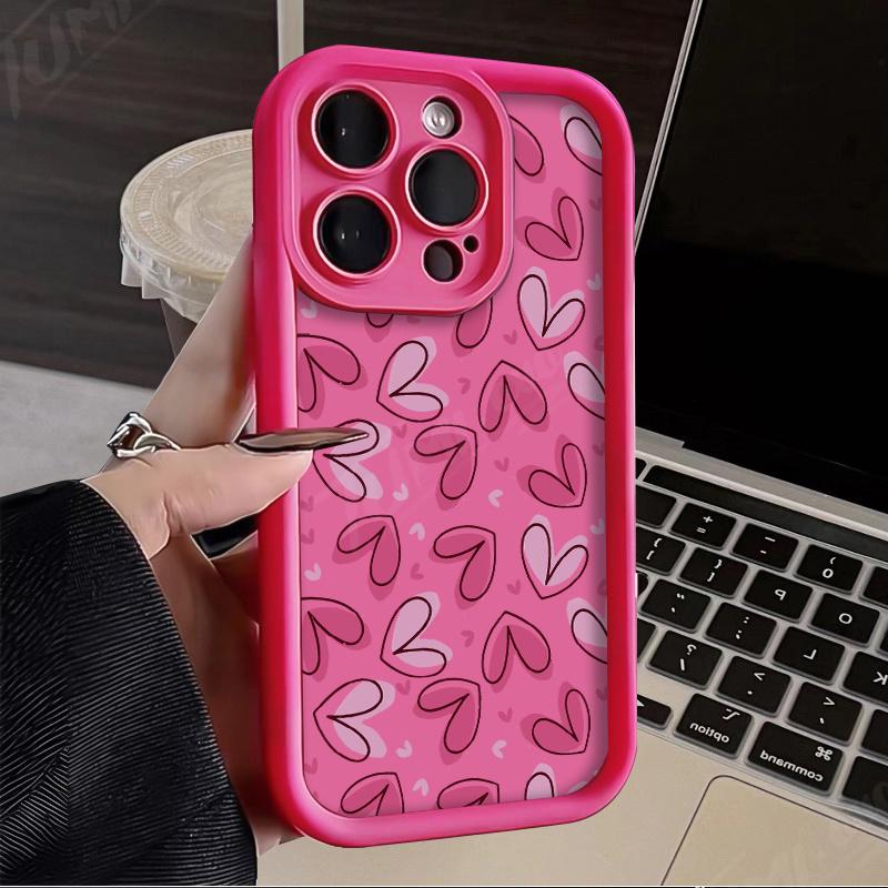 Pink heart pattern design Phone case iPhone 15 Pro Max 11 12 13 16 14 Plus Silicone Shockproof Case Lens protector shell