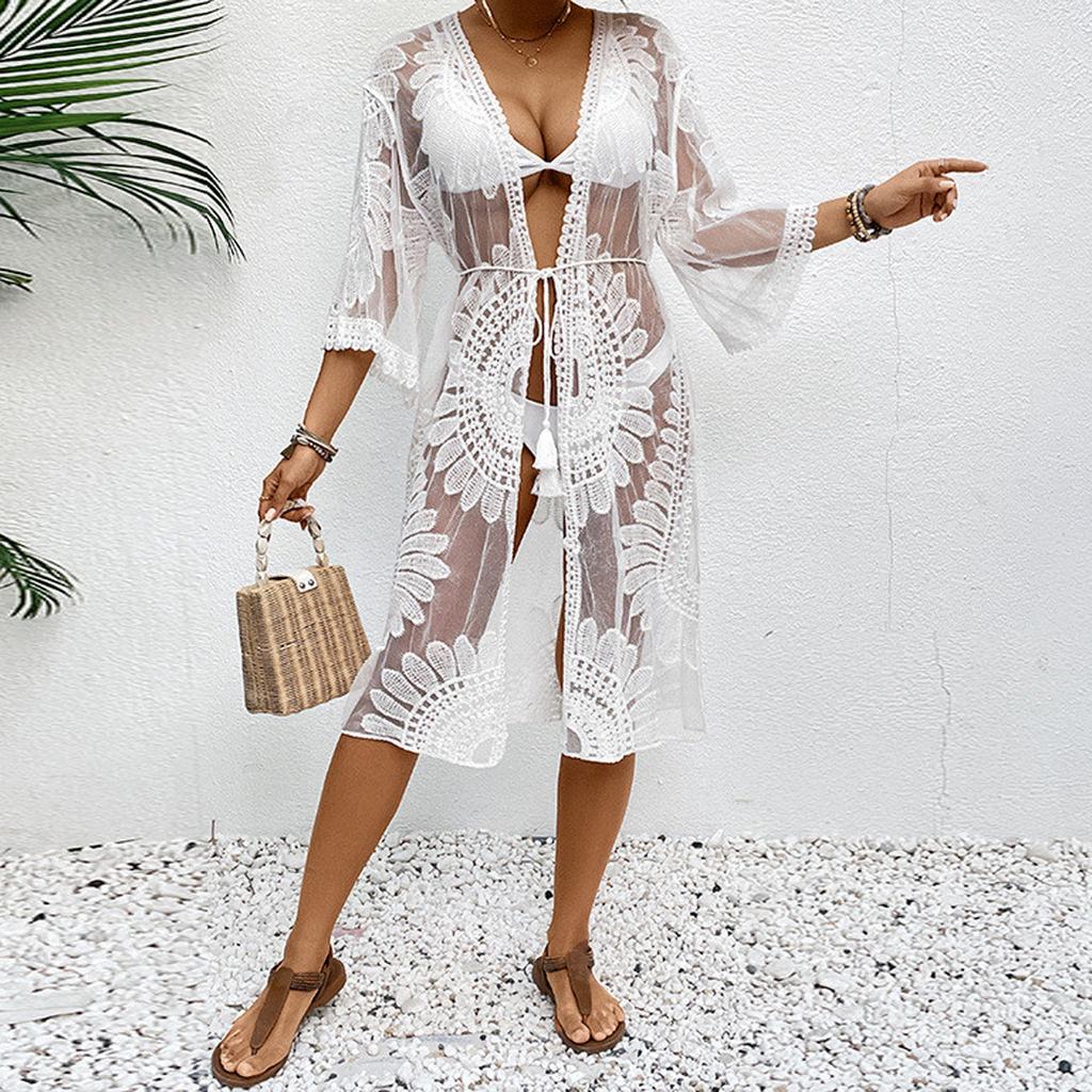 Damen Bikini Cover Up Blumenstickerei Durchsichtige Spitze Strand Kimono für Badeanzug Badeanzug Sommerkleidung