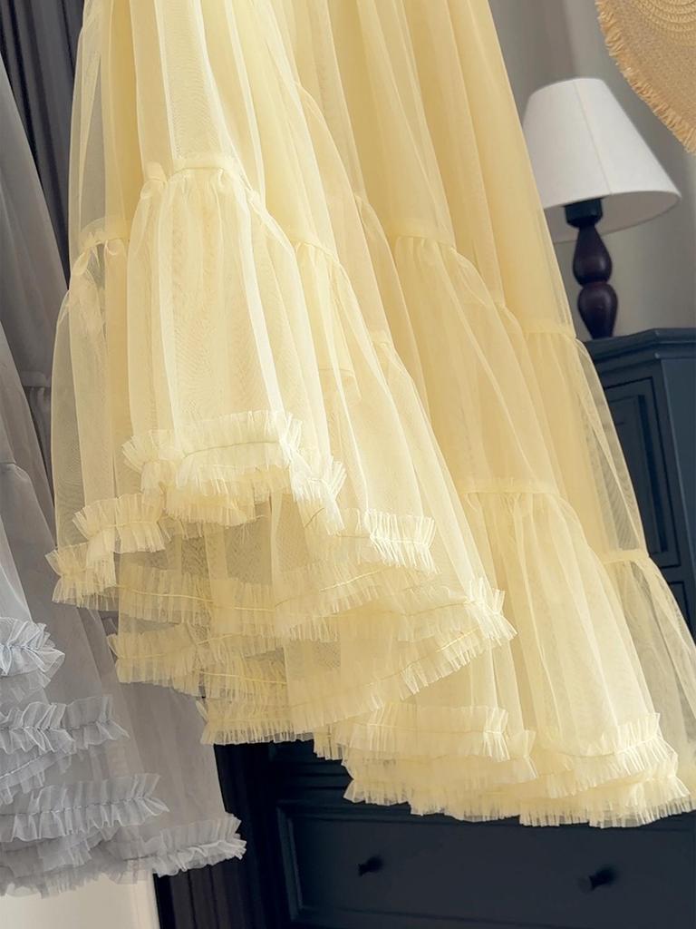 Women's Summer High Waist Ruffled A-Line Midi Skirt with Irregular Mesh Layers