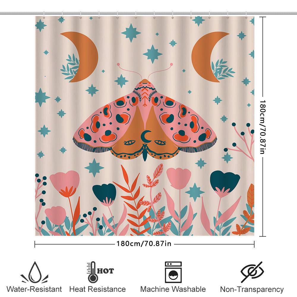 Modern Bathroom Decor: Pink Butterfly Shower Curtain Set With Moon And Stars Print Blue Flowers And Leaves Design For Bathroom W