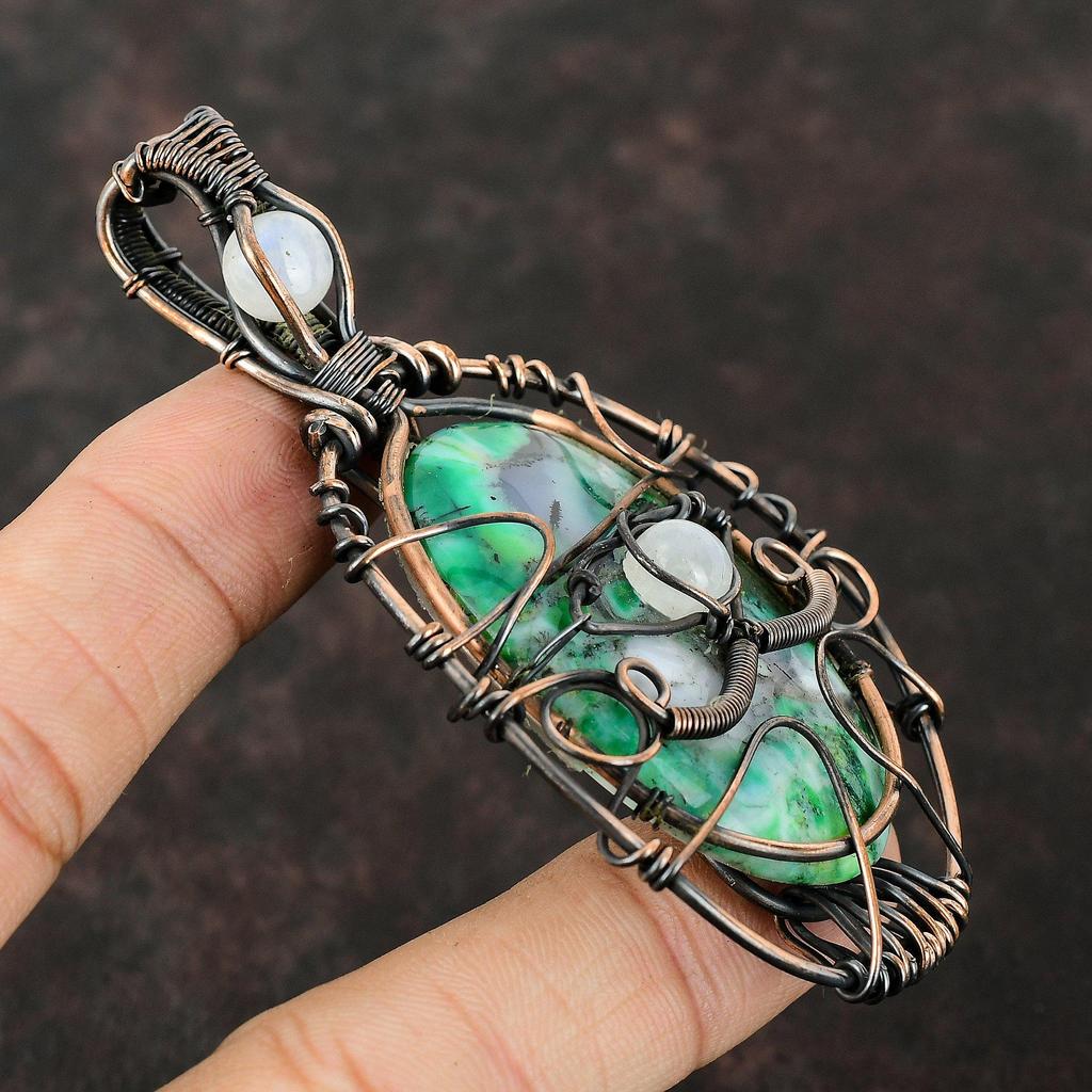 Evil Eye Green Dendrite Opal Pendant Copper Wire Wrapped Pendant Handmade Pendant Gemstone Jewelry Moonstone Pendant Evil Eye Wire Jewelry