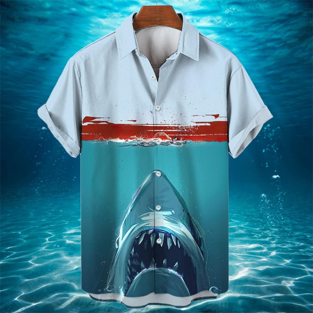 3D Animal Shark Print Hawaiian Shirt Men's Summer Casual Shirt Fashion Short Sleeved Sea World Loose Street Blouse Clothes