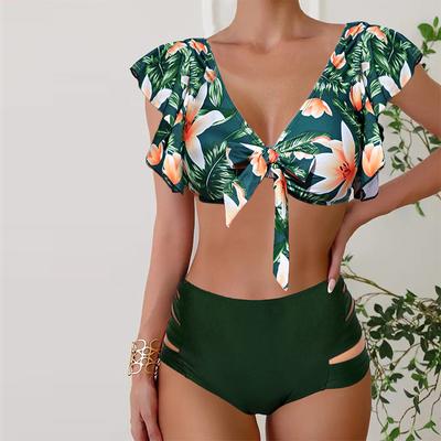 Damen Bademode Tankini 2-teiliger Badeanzug Grün Schleife Blumen Druck Urlaubsbadeanzug