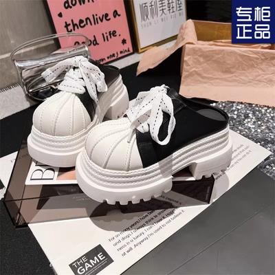 2025 Spring New Bag Head Shell Head Thick-soled Muffin Big Head Lace-up JK Loafers Half Slippers Outer Women's Shoes