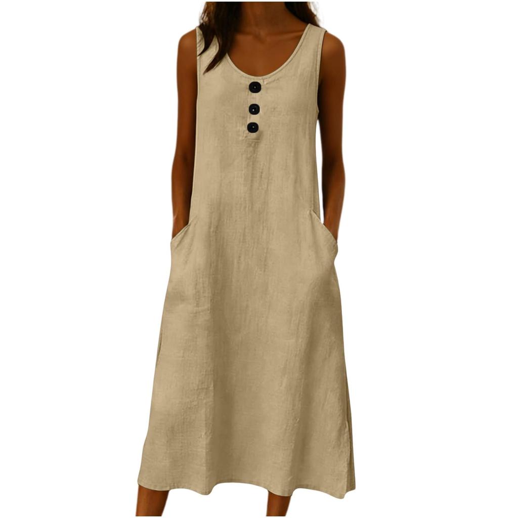 Sleeveless Casual Washed Wrinkle Dress for Women with Button Front and Pockets Loose Fit Midi Length Summer Dress