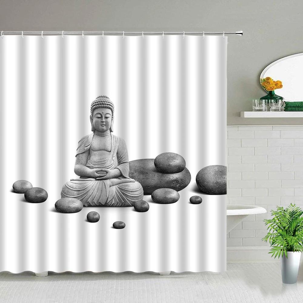 Zen Stone Buddha Flowers Scenery Shower Curtains Creativity Art Bathroom Bath Curtain With Hooks Waterproof Fabric Bathtub Decor