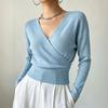 Women's Color Long Sleeve Cross Front Waist Tie Knit Top