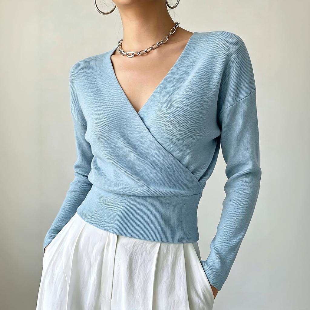 Women's Color Long Sleeve Cross Front Waist Tie Knit Top
