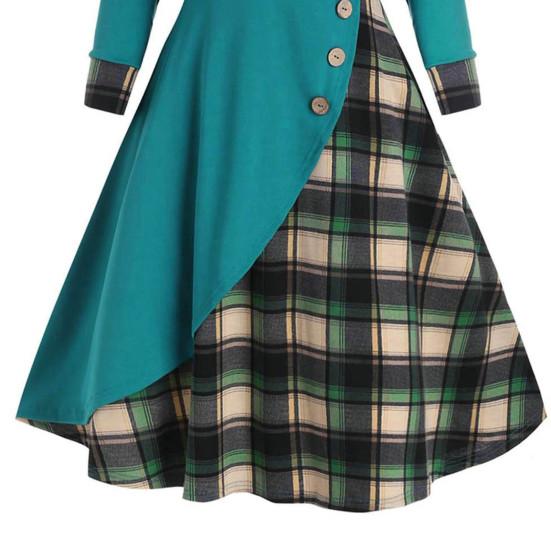 Irregular Pile Collar Hooded Button Decoration Waist Tight Autumn Dress Women Plaid Patchwork