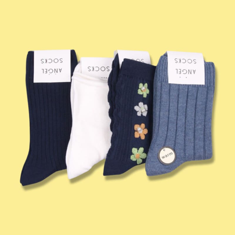 ANGEL SOCKS SET004 - Navy Green Two-Tone Green Brown Women's Gift Socks Gift Return Gift Brand Pretty Flower Socks Coordination Student
