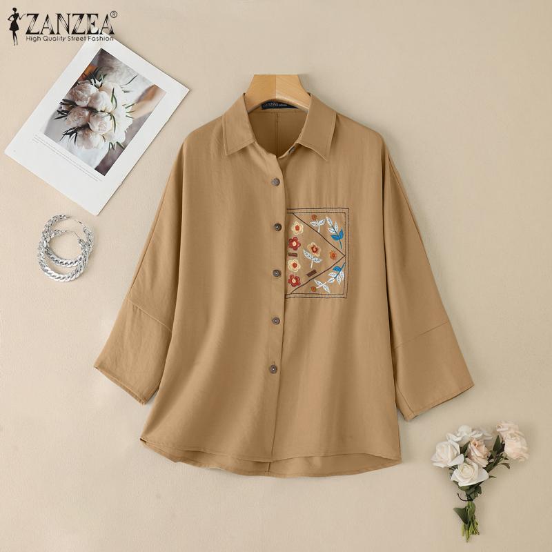 ZANZEA Women Turn Down Collar 3/4 Sleeve Loose Embroidery Blouse