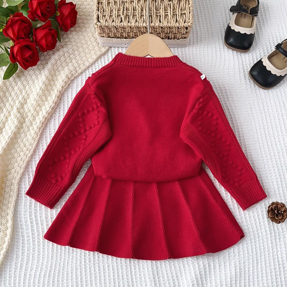 Red New Year Christmas Winter Set V-neck Bow Sweater Top+pleated A-line Skirt 2-piece Sets Kids Clothes Girls