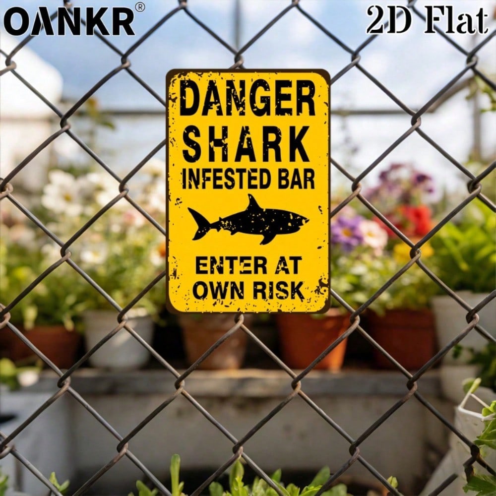 Vintage Shark Warning Metal Tin Sign, Retro Enter At Own Risk Plaque, Farmhouse Bar Wall Decor