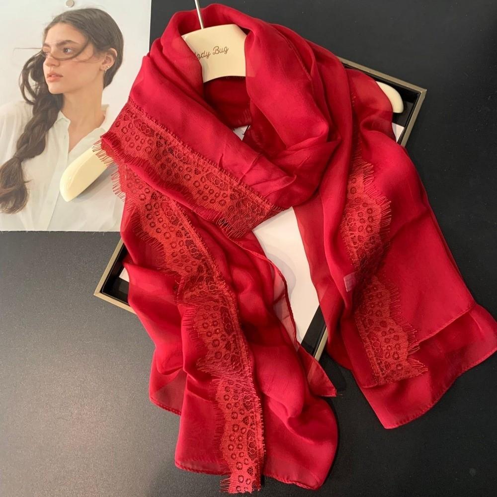 Lace Trimmed Lace Splicing Scarf Thin Beach Shawl Wraps Elegant Chiffon Scarf