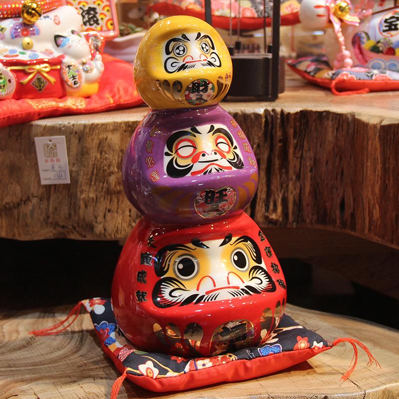 11 Inch Ceramic Daruma Tower Japanese Porcelain Maneki Neko Collectible Figurine Dharma Good Luck Zen Statue Money Box