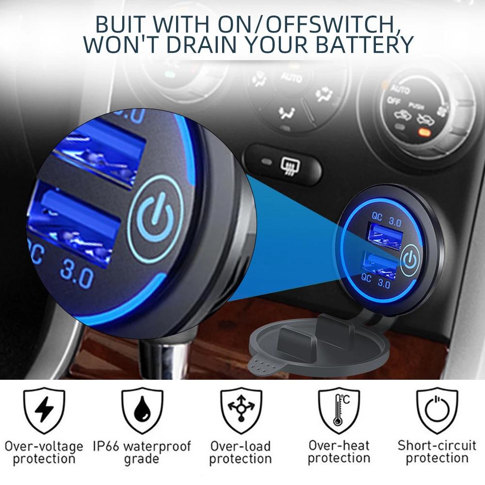 Quick Charge 3.0 Dual USB  Fast Car Charger Socket Accessories Waterproof 12V 24V QC3.0 Power Outlet with Touch Switch Led Light