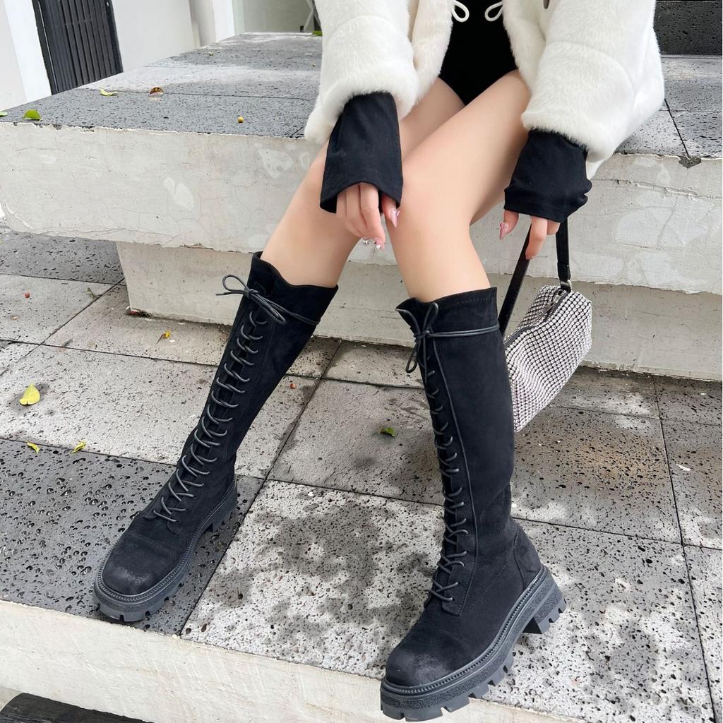 Black Skinny Boots Martin Boots Thick Bottom Yang Sheep Hunting Suede Fashion Skinny Spice Girl Black Drawstring Boot Cover
