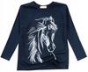 GIRLS' BLOUSE, Cotton, LONG SLEEVE, DRAWN HORSE, Navy Blue 152 T002H