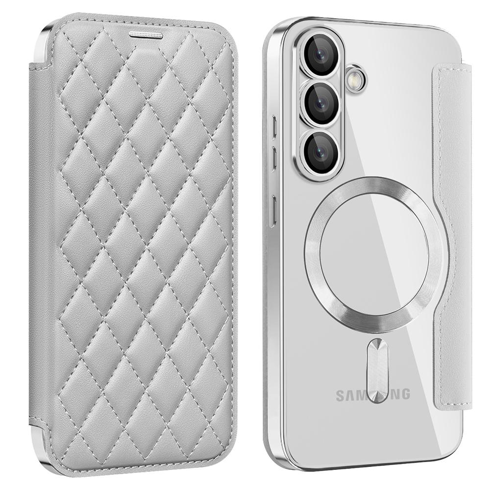 For Samsung Galaxy S25 Case Compatible with MagSafe Rhombus PU Leather Phone Cover