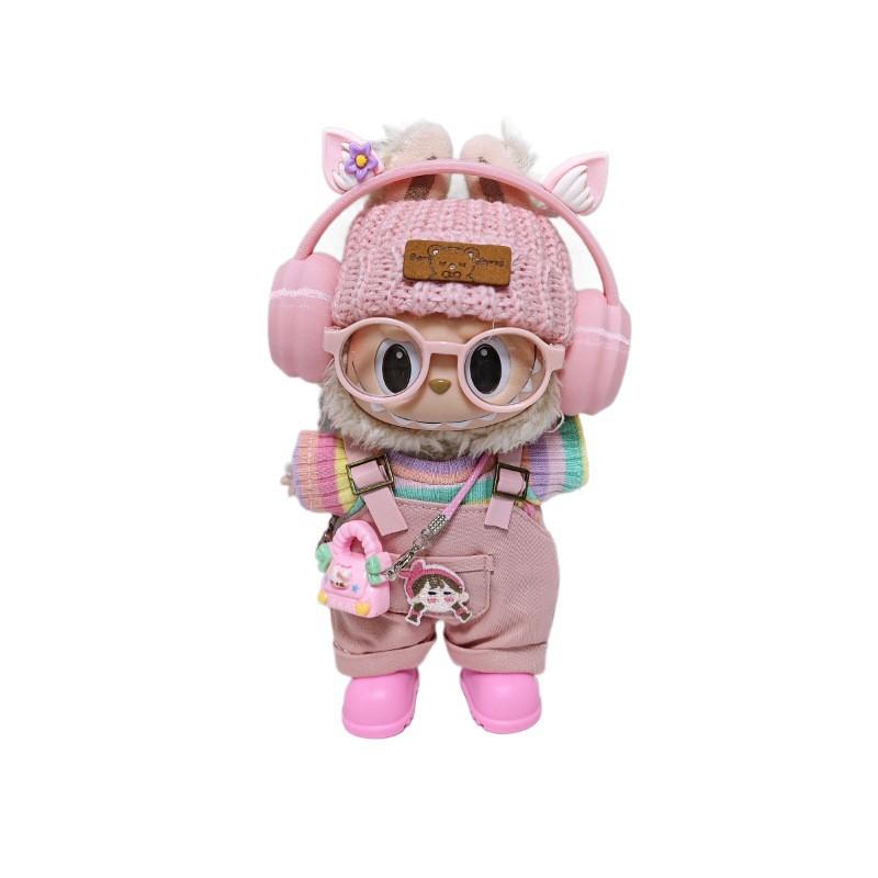 15cm 17cm Labubu Doll Outfit Set Pink Overalls With Ears Accessories 7pcs Fashion Clothing Collectible Dolls