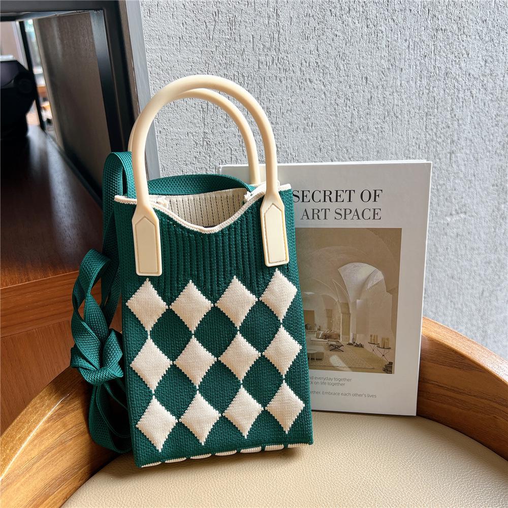 Plaid Cartoon Women's Crossbody Mini Bag: Cute, Lightweight, Knitted Phone Holder for Parent-Child Matching (2024)