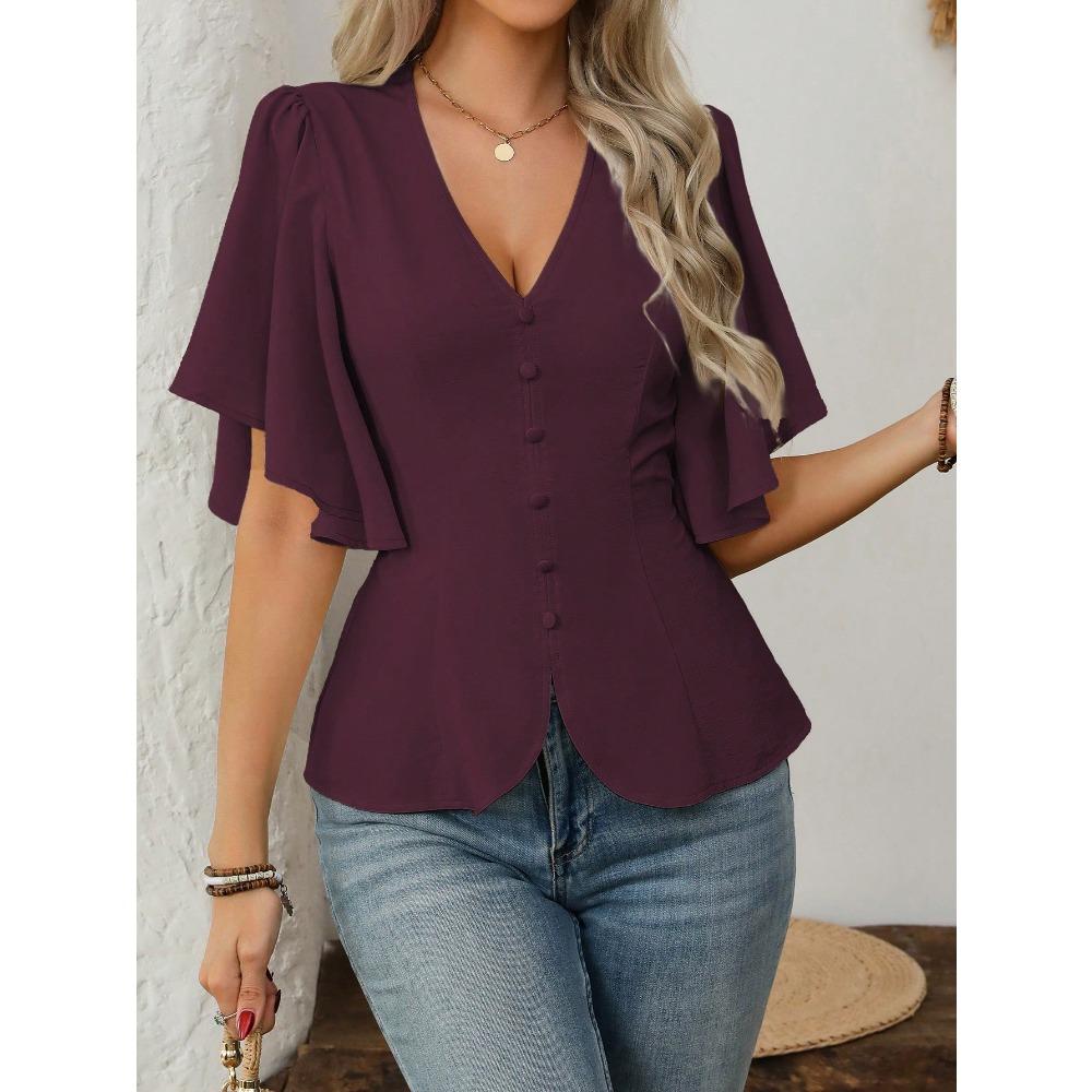Fashionable and Elegant Deep V-neck Solid-color Single-button Belted Ladies' Short-sleeved Top