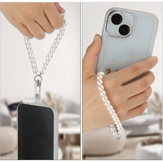 Phone Wrist Lanyard, Pearl Phone Charm Lanyard White Hand Wristlet Strap Pearl Beaded Phone Charm String Cellphone Wrist Strap Lanyard with 2 Back