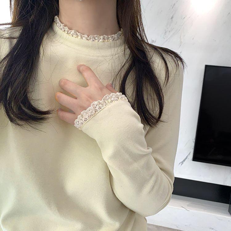 Women's Lace Splice Half-High Collar Base Shirt, Autumn/Winter, De Rong Fleece, Double-Sided Brushed, Slim-Fit, Long-Sleeve Top.