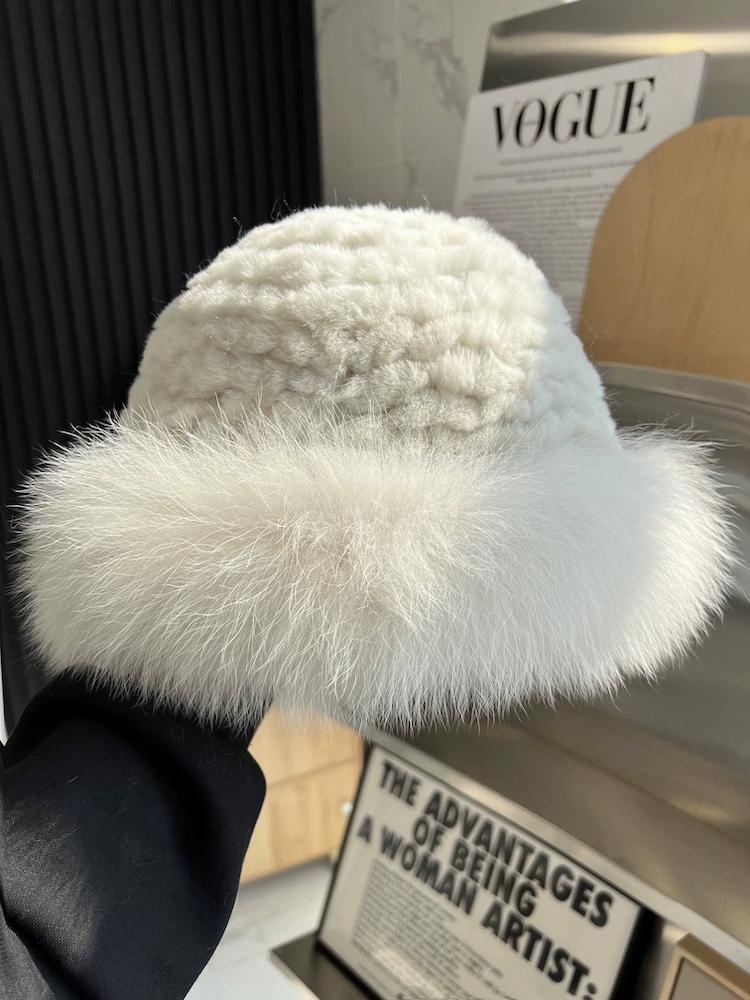 Rex Rabbit Fur Fisherman's Hat Children Autumn and Winter Warm Temperament Versatile Fox Hair Ear Protector Basin Hat Tide Shows Small Face