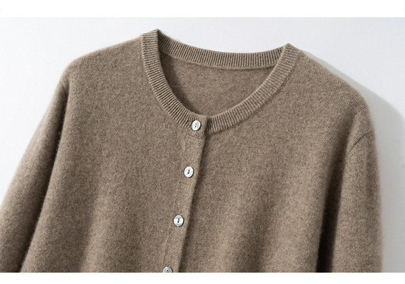 2026 Autumn Women's 100% Cashmere Round Neck Cardigan - High-End Long Sleeve Knit Short Jacket Top