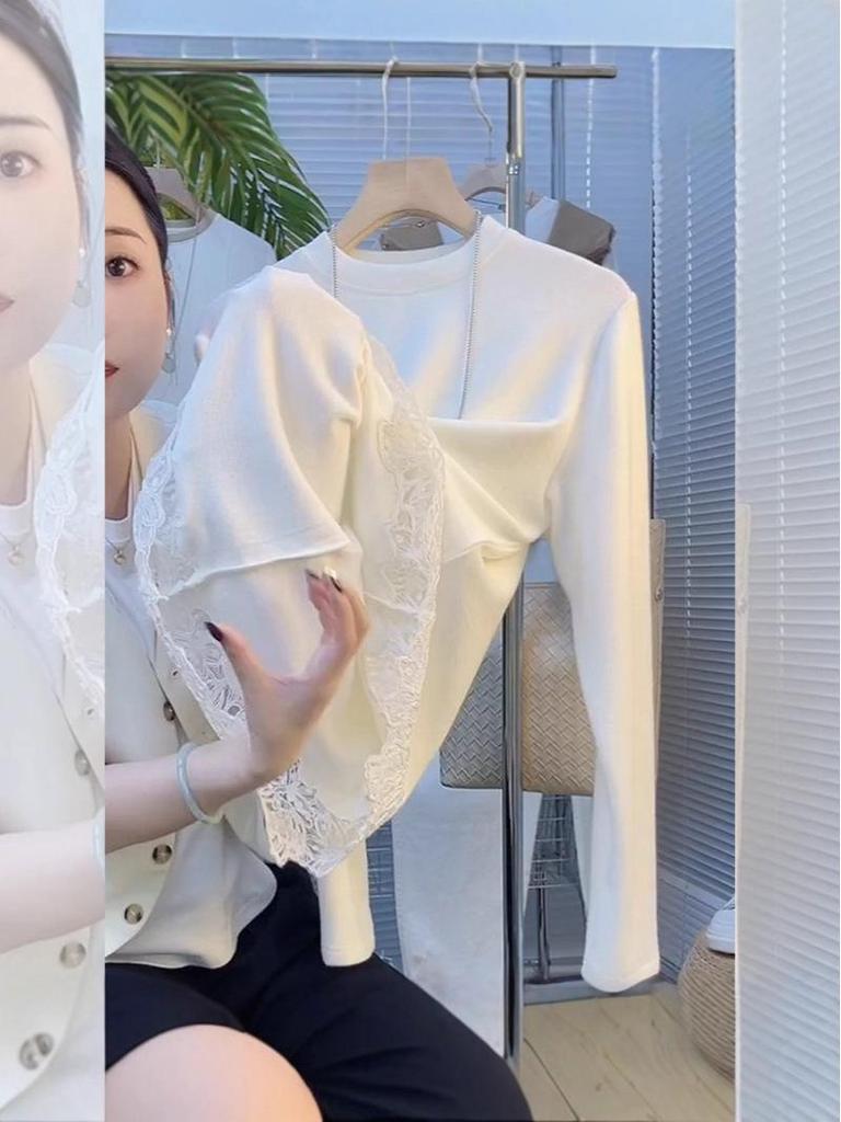 This Year's Popular Korean-Style Lace Splicing Thermal T-Shirt for Women: White Inner Layer Base Shirt Niche Top