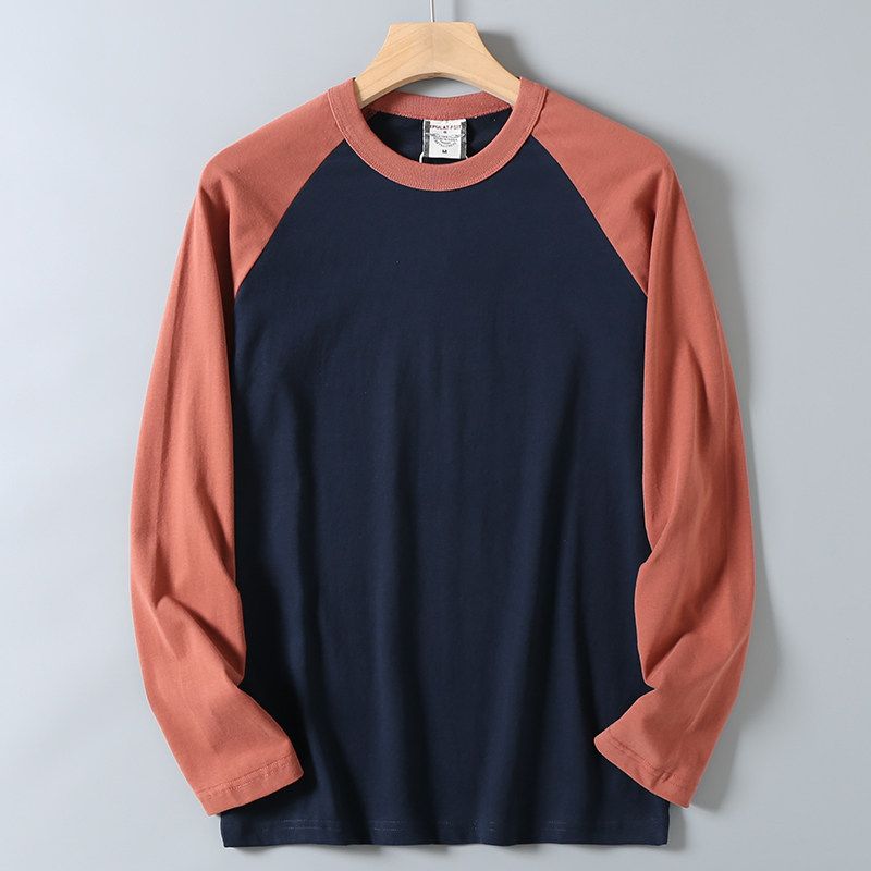 Style Pure Cotton Fashion Brushed Long Sleeve Spring and Autumn Bottoming Shirt Men's Solid Color Patchwork Raglan Sleeve Couple round Neck T-shirt