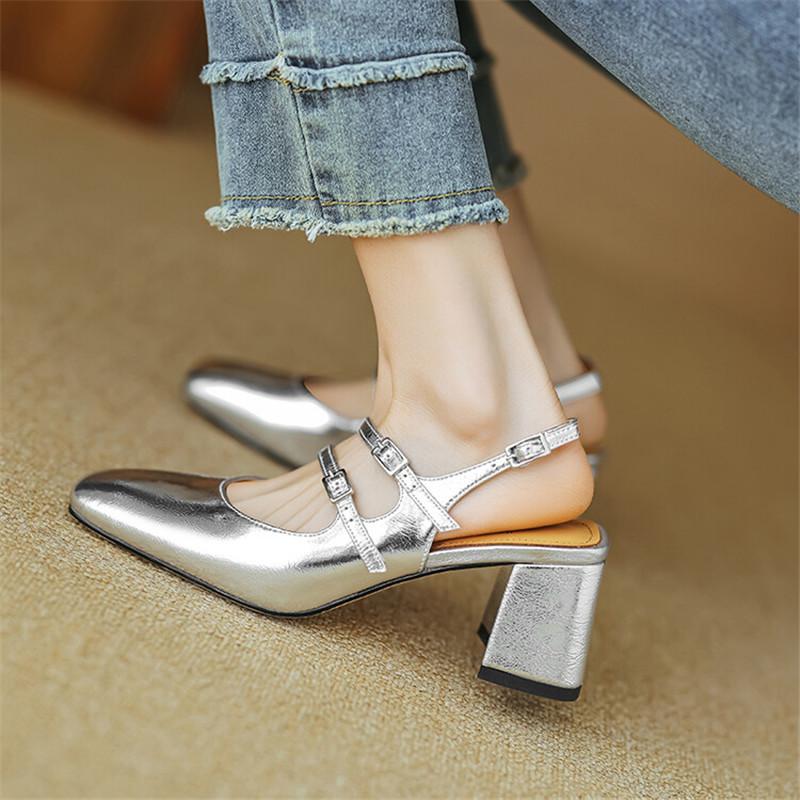 Fashion Summer Sandals Mary Jane Shoes Square Toe High Heels Cover Toe Back Strap Roman Sandals for Women Split Leather Women Sandals