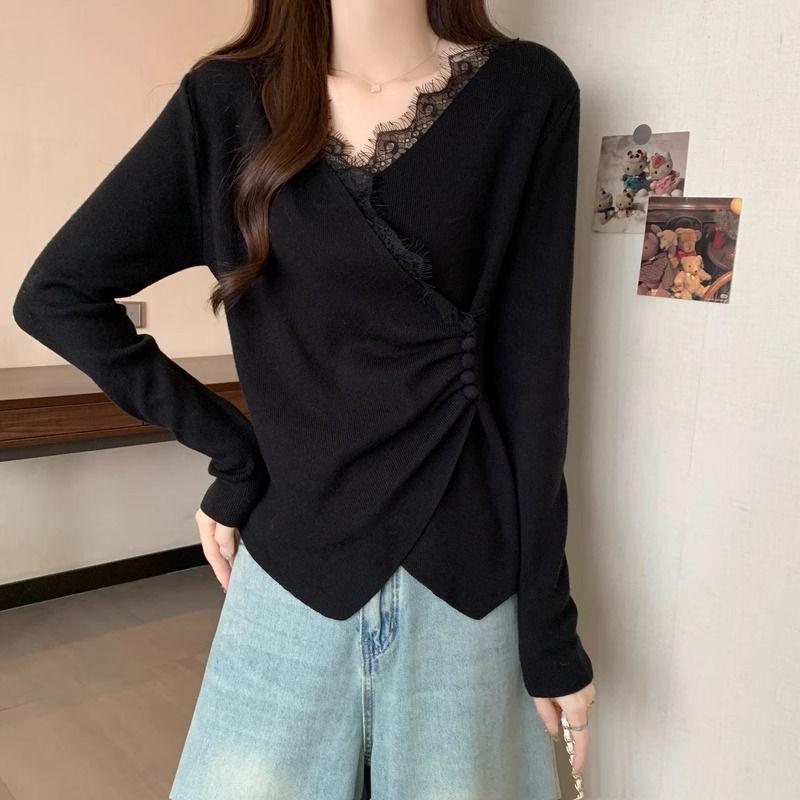 Plus Size French Lace Velvet V-Neck Base Layer Shirt for Women - Slimming Irregular Top for Autumn/Winter