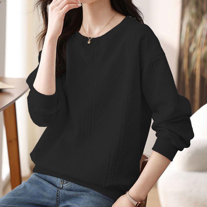 Autumn Winter Round Neck Loose Casual Jacquard Sweatshirt Women Solid Color Simple All-match Pullover Top