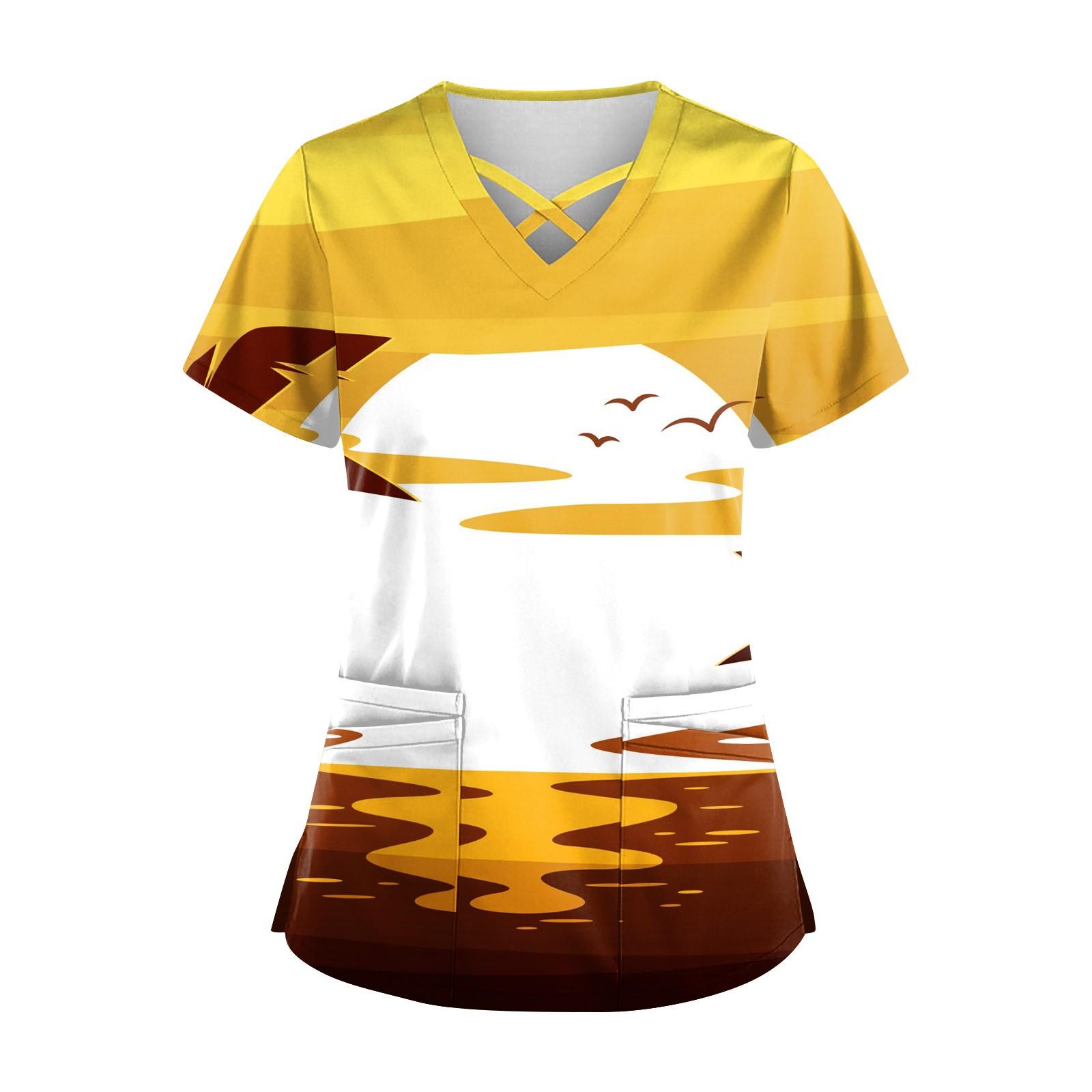 

Женская Гавайская униформа с принтом, рабочая униформа, защитная рабочая форма с карманом и v-образным вырезом XXXL жёлтый