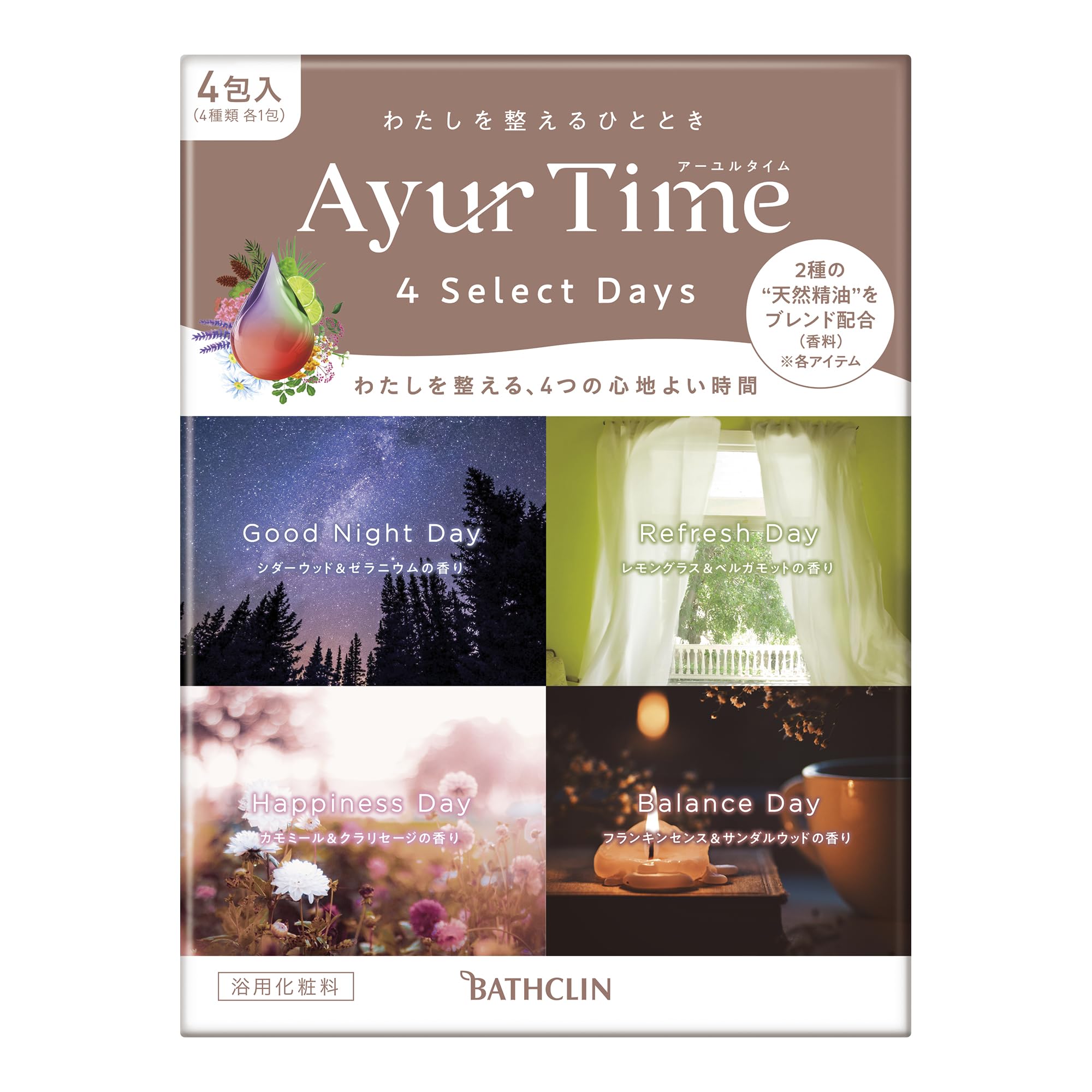 

Ayurtime Four Select Days Bath Assorted 40g x 4 Sachets 1 Sachet 4 Natural Essential Oils Salts, Sachets, (4 Scents, Each), Scents,
