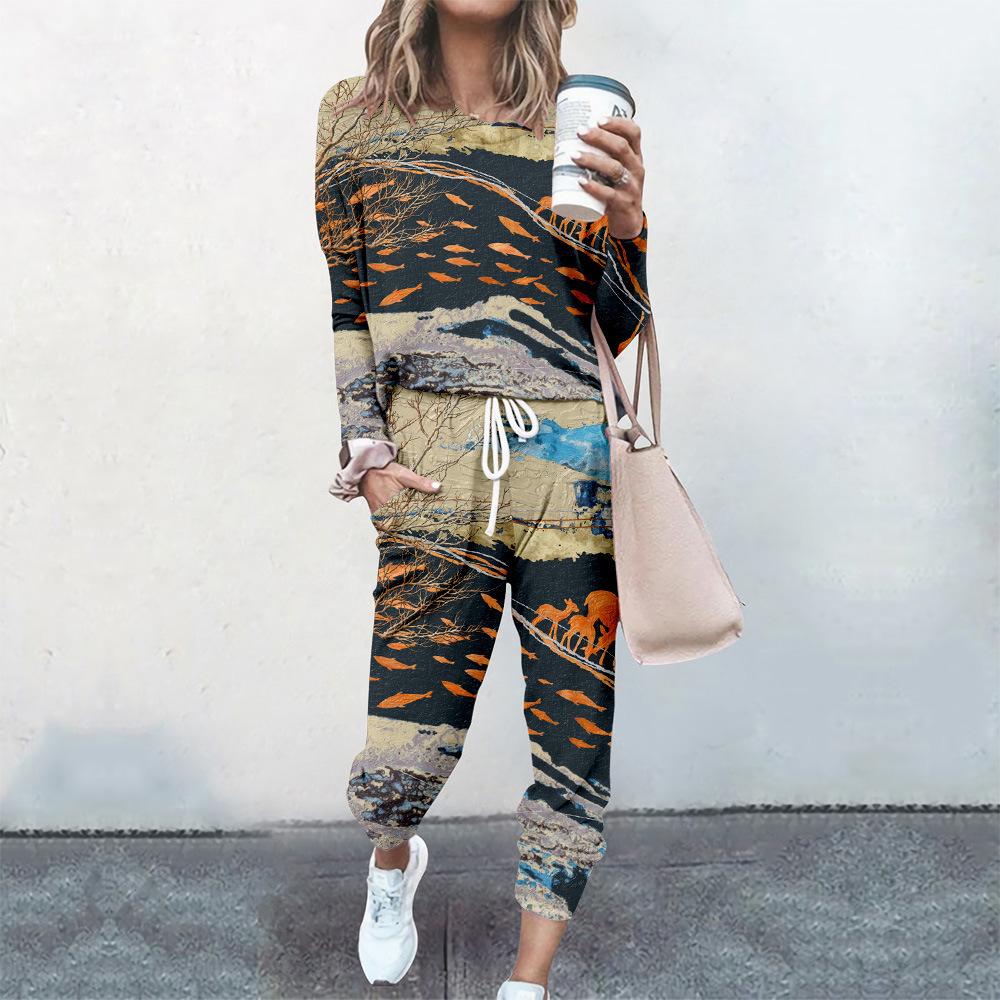 High-End Fashion Sports Sweater Set Women'S Autumn Loose Casual Long-Sleeved Printed Top Bundle Leg Pants Two-Piece Set