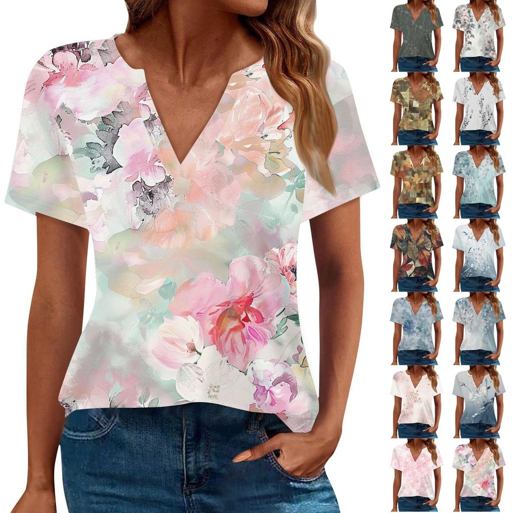 Damen Sommermode Casual Kurzarm V-Ausschnitt T-Shirt Tops