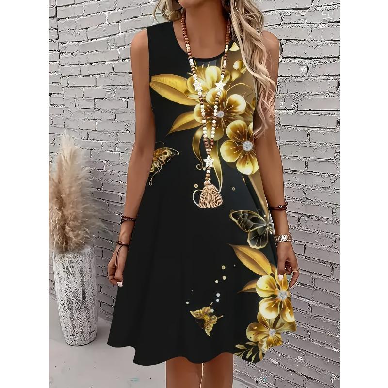Large Size Women's Dress Fashion 3D Flower Print Vest Casual  Sleeveless Elastic Round Neck Summer Dresses