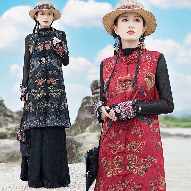 

Women s 2025 Ethnic Embroidered Sleeveless Vest with Stand-Up Collar M